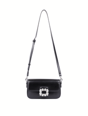 Rhinestone Buckle Décor Flap Shoulder Bag, Black