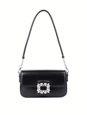Rhinestone Buckle Décor Flap Shoulder Bag, Black