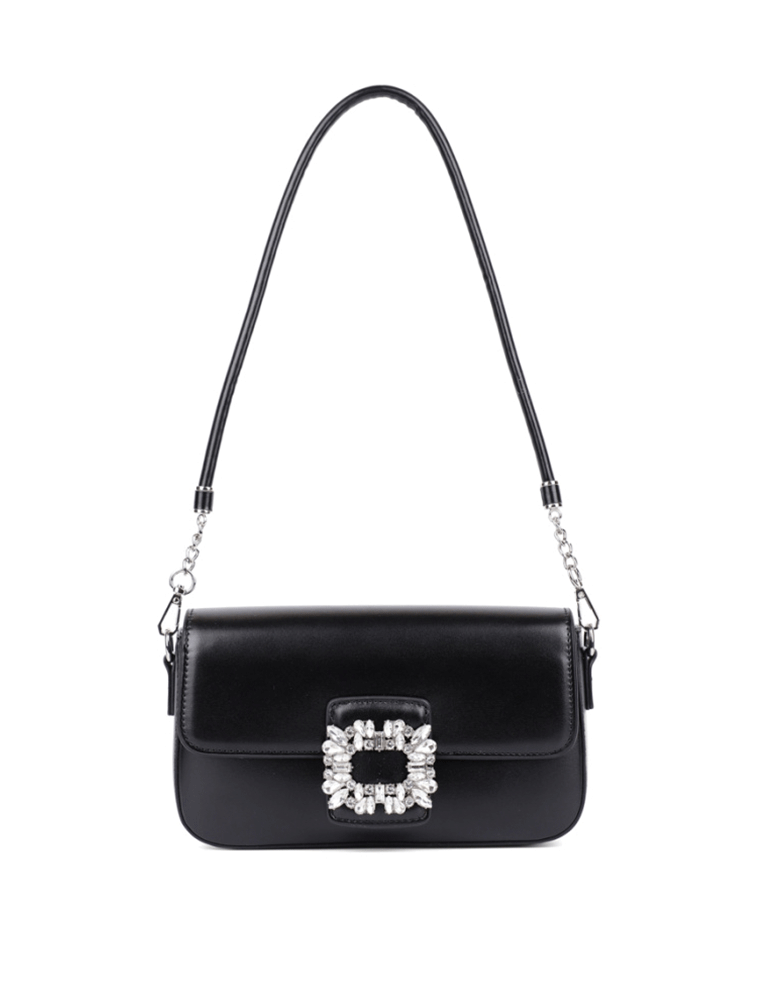 Rhinestone Buckle Décor Flap Shoulder Bag, Black