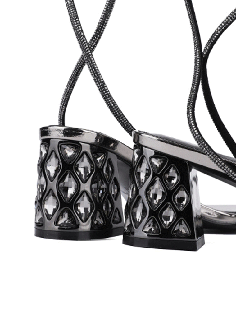 Rhinestone Strap Chunky Heel Sandals, Gunmetal