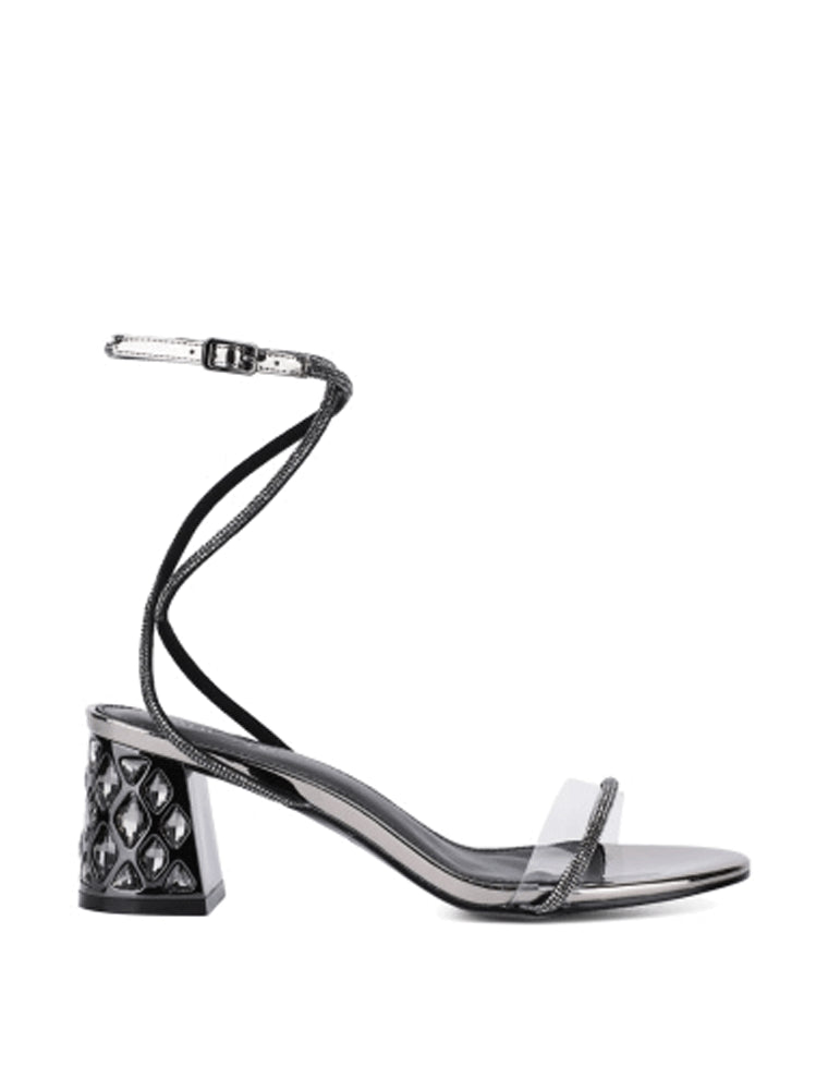 Rhinestone Strap Chunky Heel Sandals, Gunmetal