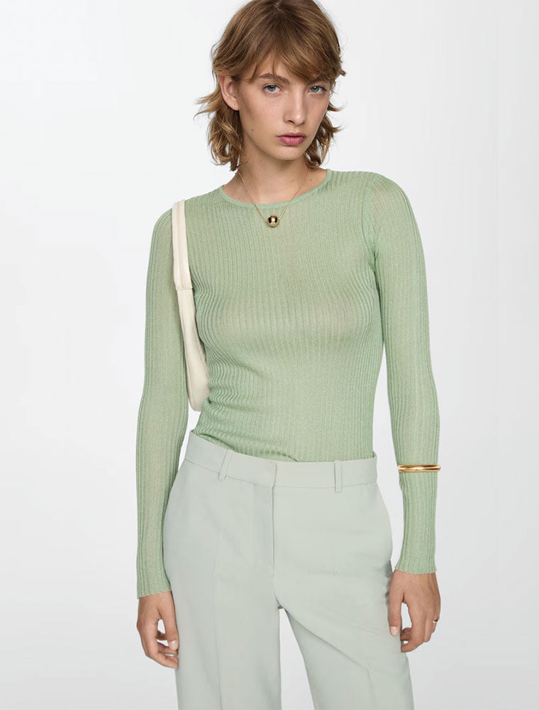 Ribbed Knit Longsleeve Top, Pastel Green