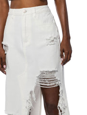 Distressed Asymmetrical Denim Midi Skirt, White