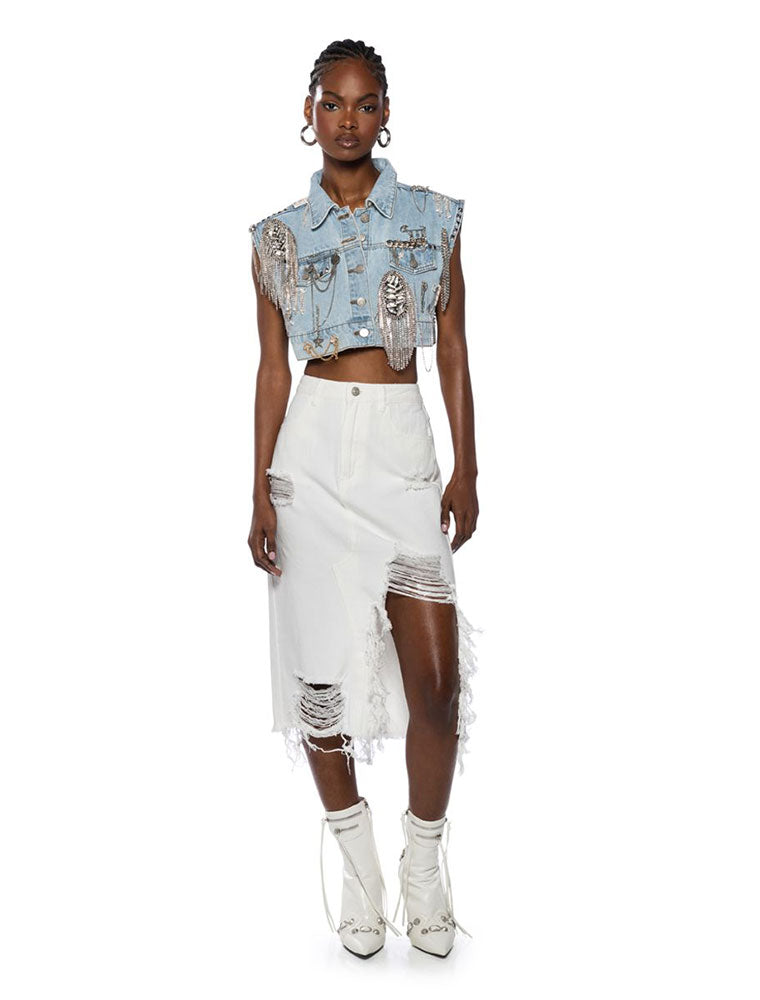 Distressed Asymmetrical Denim Midi Skirt, White