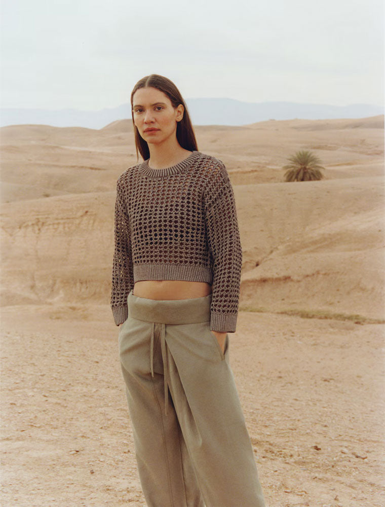 Round Neck Openwork Sweater, Ash Brown