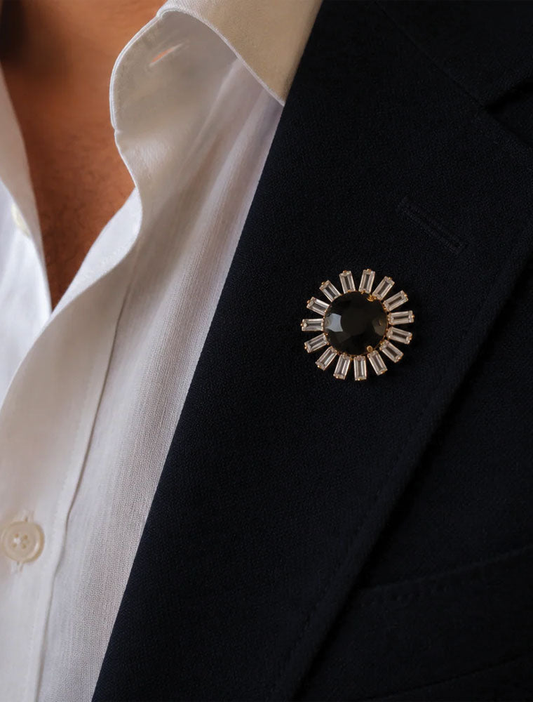 Rutherford Lapel Pin, Black Onyx & Clear Quartz, 14K Gold Plated