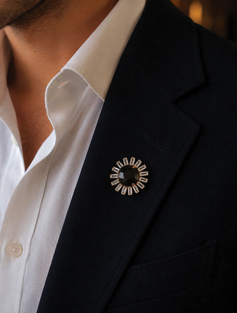 Rutherford Lapel Pin, Black Onyx & Clear Quartz, 14K Gold Plated