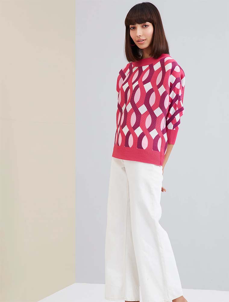 3/4 Sleeve Round Neck Canele Geometrical Print Top, Pink