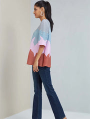 Wave Print Embellished with Pearls Top, Multicolor
