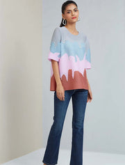 Wave Print Embellished with Pearls Top, Multicolor