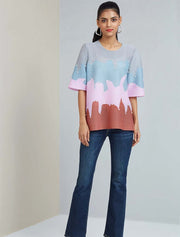 Wave Print Embellished with Pearls Top, Multicolor