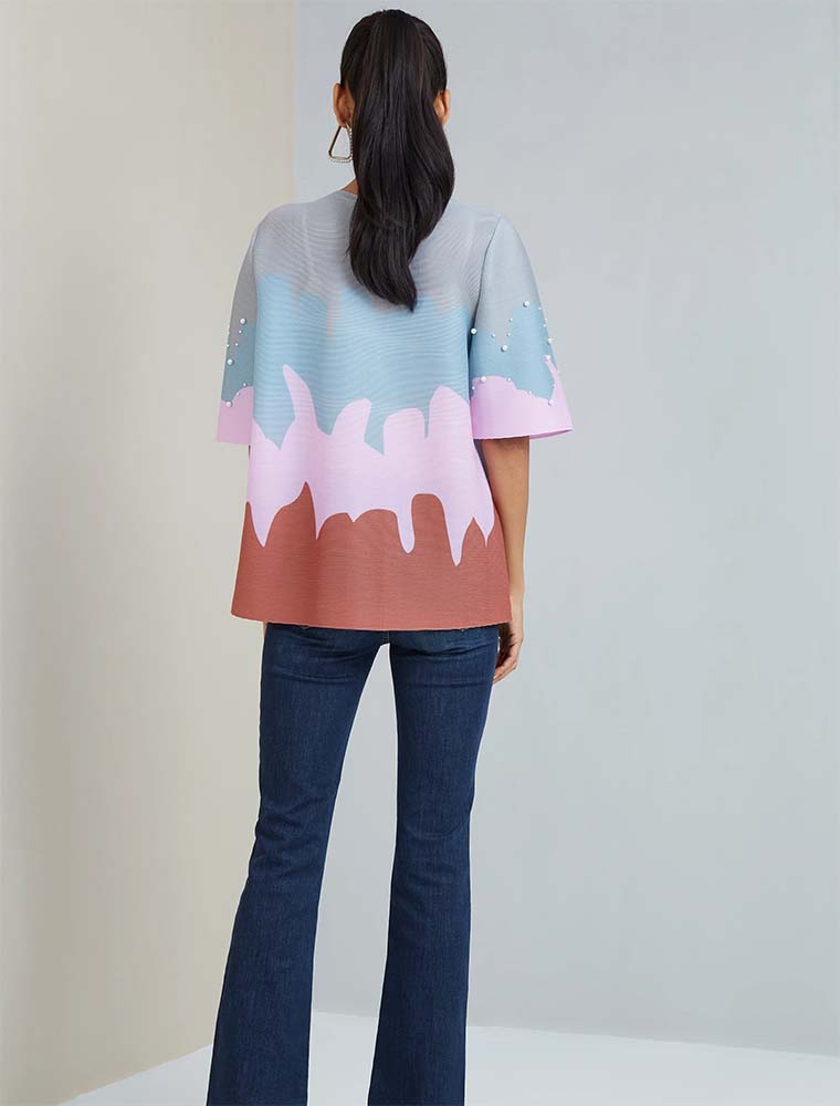 Wave Print Embellished with Pearls Top, Multicolor