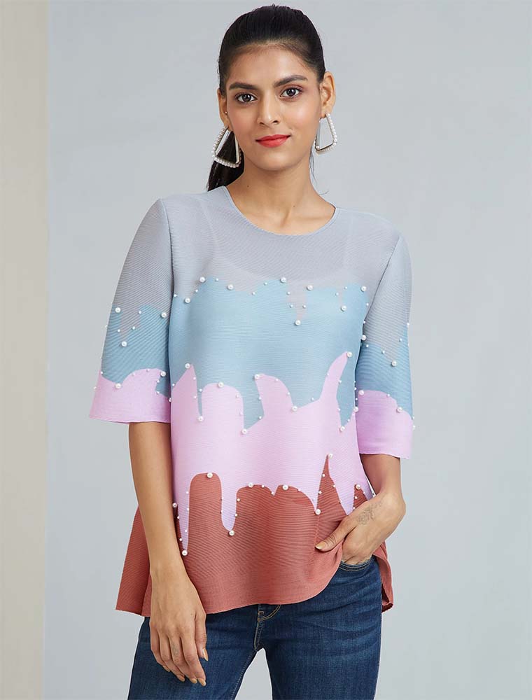 Wave Print Embellished with Pearls Top, Multicolor