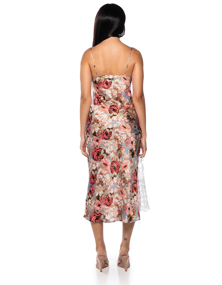 Satin Floral Print Midi Dress, Blush Pink