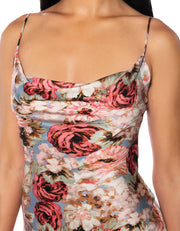 Satin Floral Print Midi Dress, Blush Pink