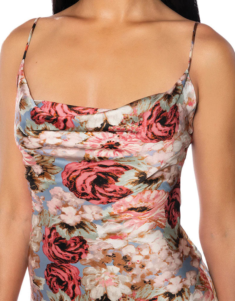 Satin Floral Print Midi Dress, Blush Pink