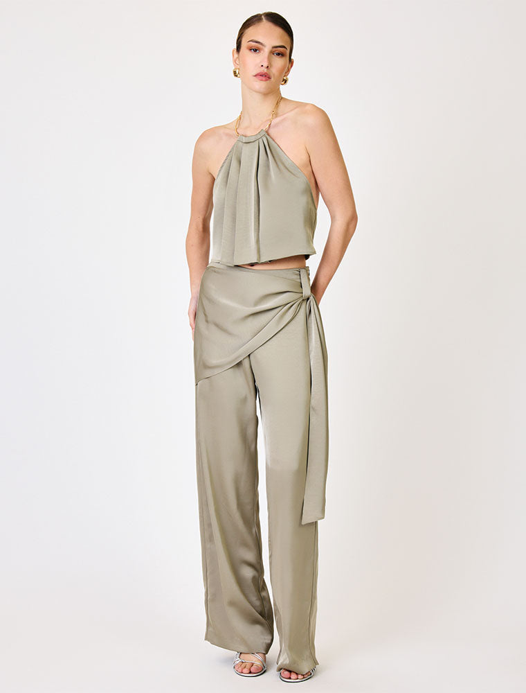 Satin Pants with Decorative Belt, Olive