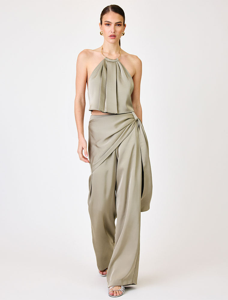 Satin Pants with Decorative Belt, Olive