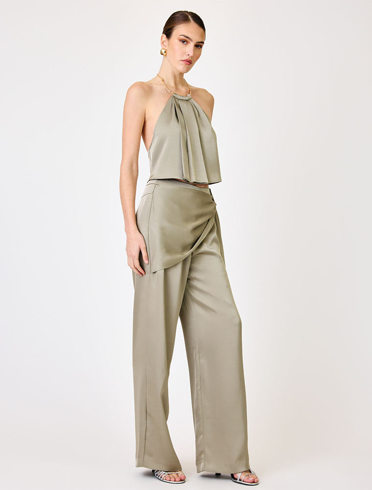 Satin Pants with Decorative Belt, Olive