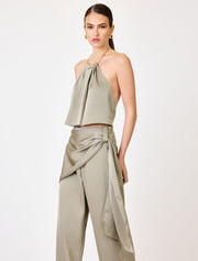 Satin Pants with Decorative Belt, Olive
