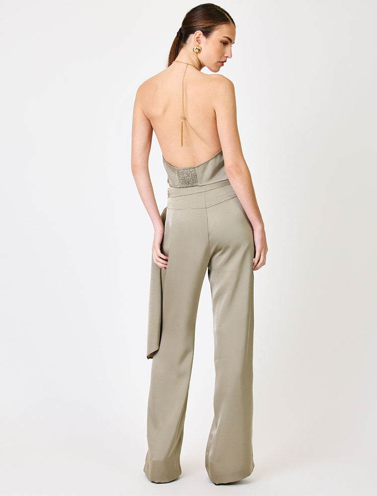Satin Pants with Decorative Belt, Olive
