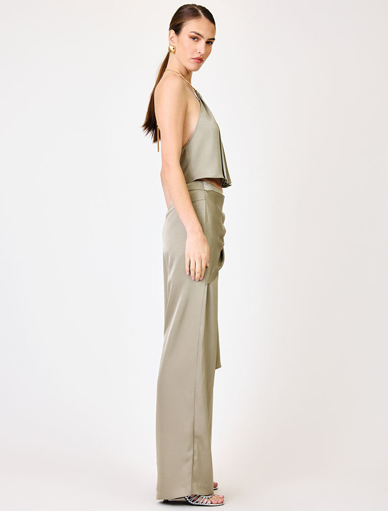 Satin Pants with Decorative Belt, Olive