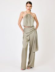 Satin Pants with Decorative Belt, Olive