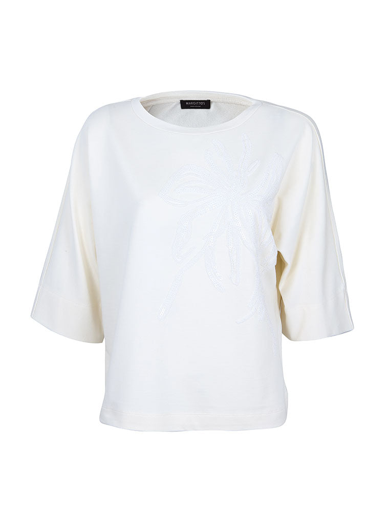 Sequin Flower 3/4 Sleeve Top, Ivory