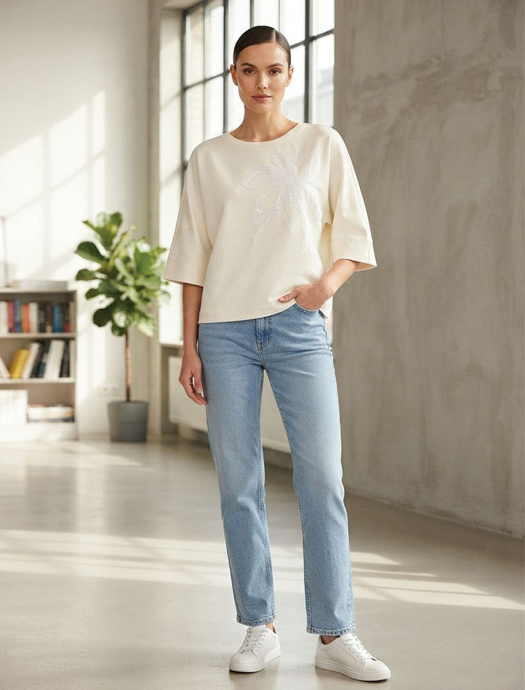Sequin Flower 3/4 Sleeve Top, Ivory