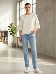 Sequin Flower 3/4 Sleeve Top, Ivory