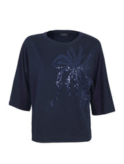 Sequin Flower 3/4 Sleeve Top, Navy