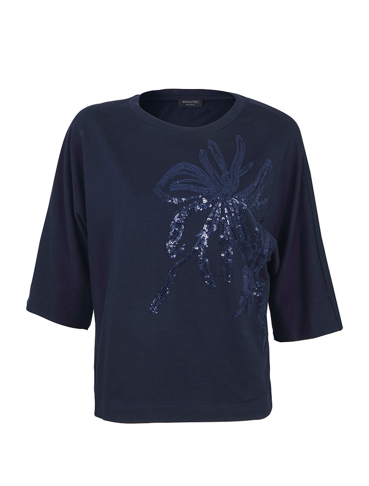Sequin Flower 3/4 Sleeve Top, Navy