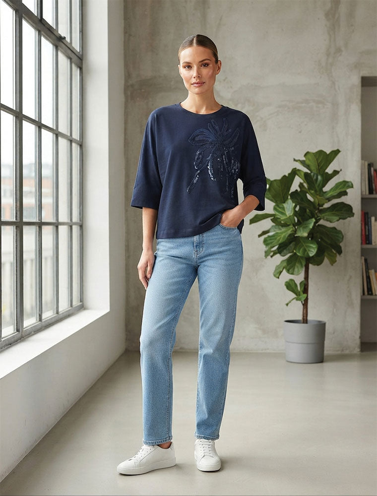 Sequin Flower 3/4 Sleeve Top, Navy