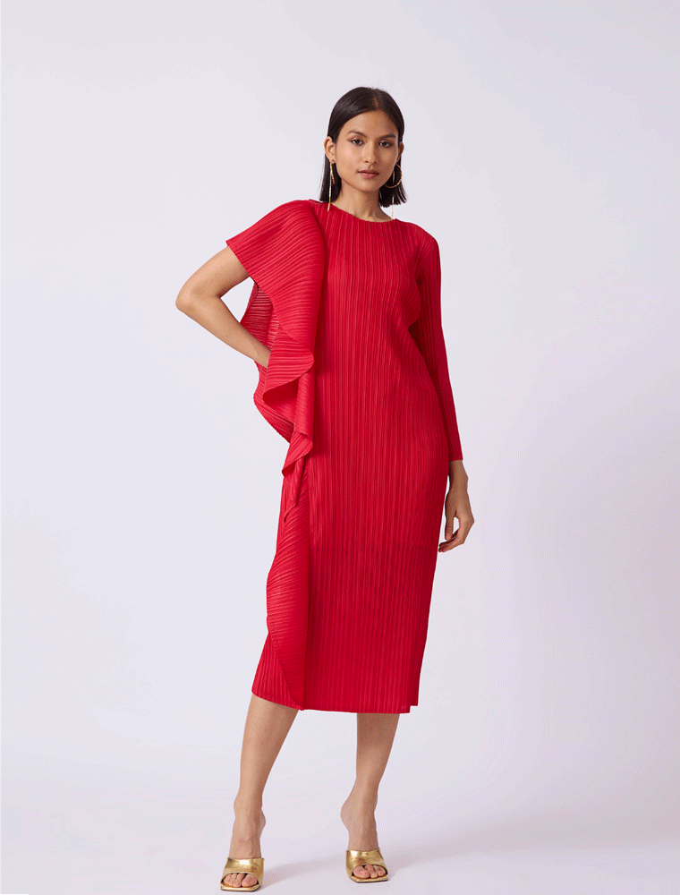 Serena Ruffle Draped Asymmetrical Dress, Red