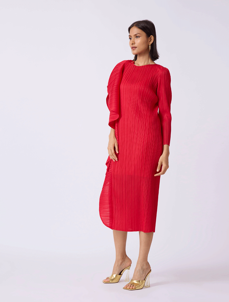 Serena Ruffle Draped Asymmetrical Dress, Red