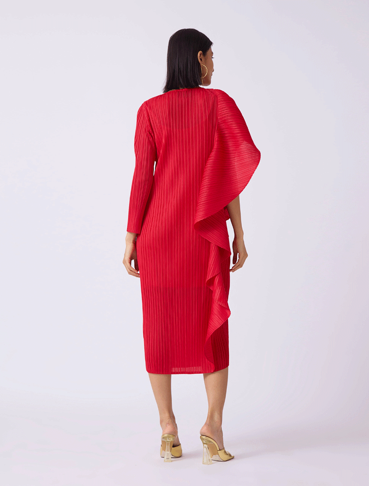 Serena Ruffle Draped Asymmetrical Dress, Red
