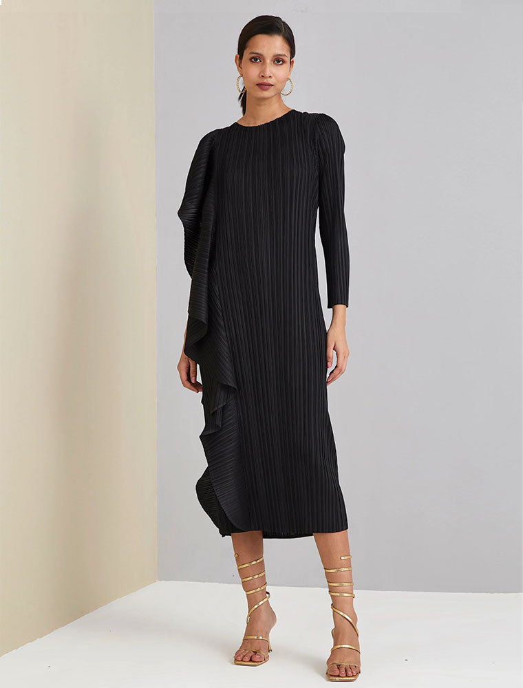 Serena Ruffle Draped Asymmetrical Dress, Black