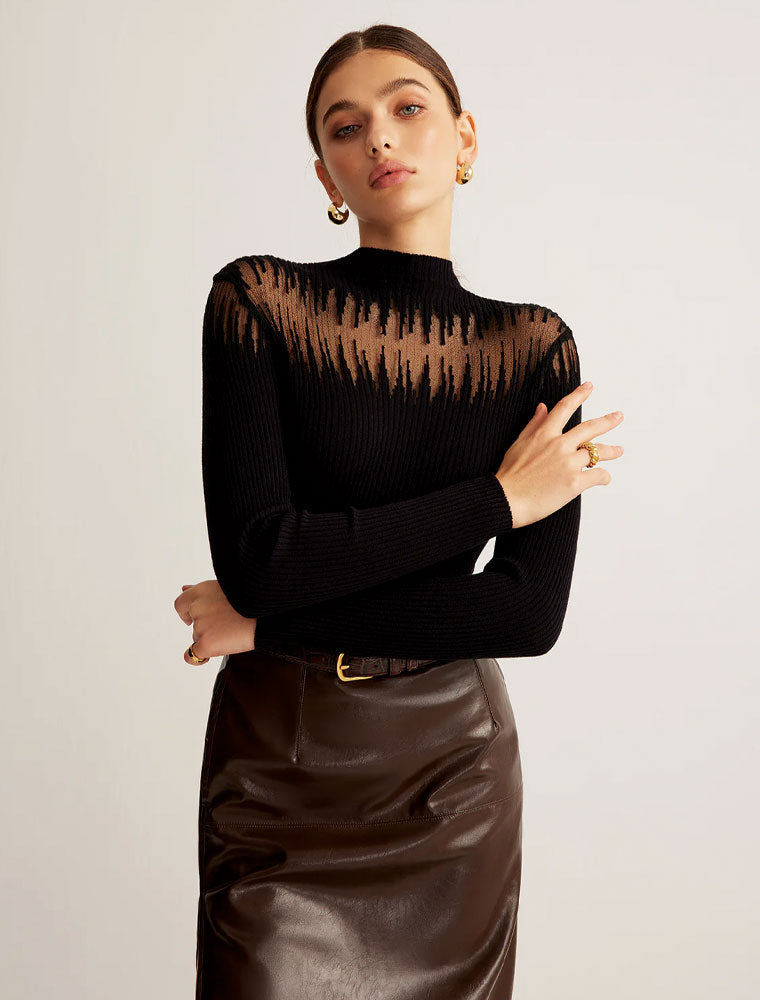 Shear Shoulder Mock Neck Top, Black