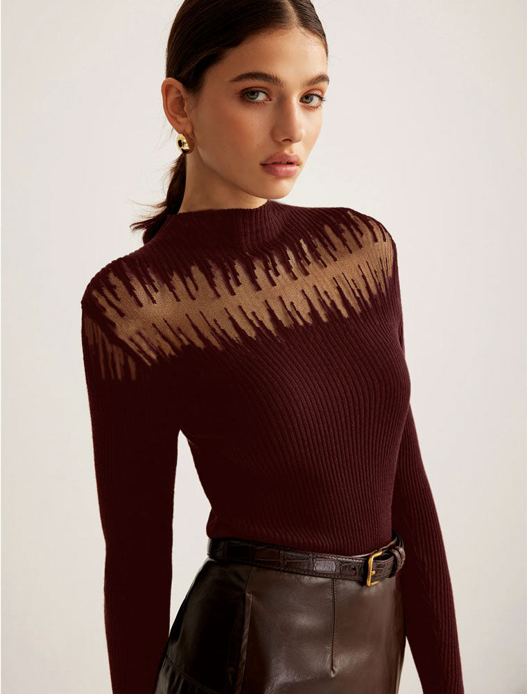 Shear Shoulder Mock Neck Top, Burgundy
