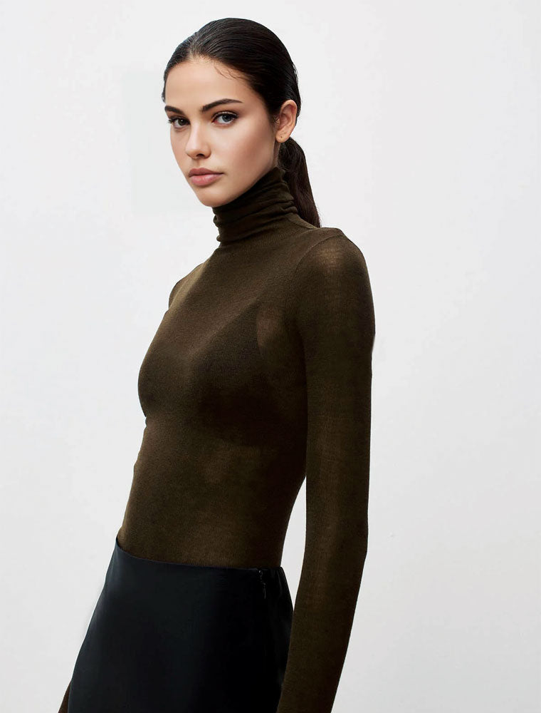 Sheer Wool-Blend Turtleneck, Dark Brown