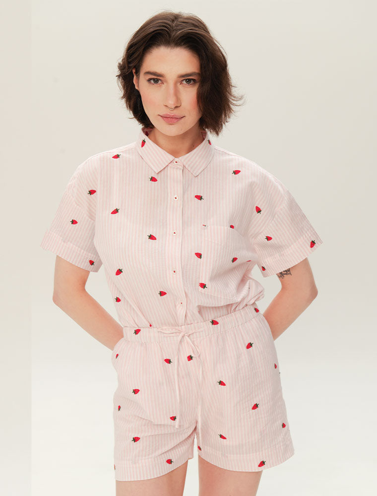 Short Sleeve Strawberry Pajama Set with Shorts, Pink