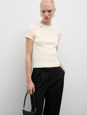 Short Sleeve Top with Gold Buttons, Cream