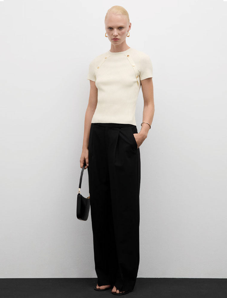 Short Sleeve Top with Gold Buttons, Cream