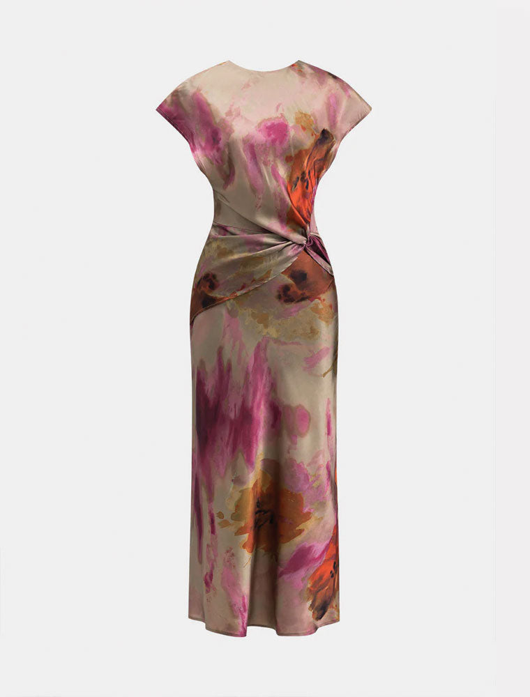 Side Twist Watercolor Floral Midi Dress, Multicolor