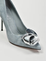 Silver Rose Suede Heels, Dusty Blue