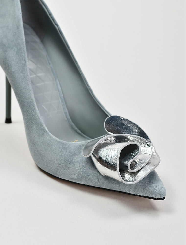 Silver Rose Suede Heels, Dusty Blue