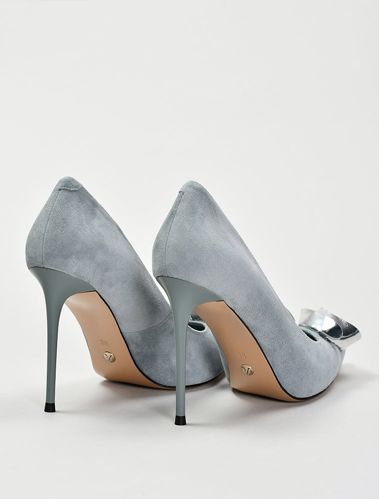 Silver Rose Suede Heels, Dusty Blue