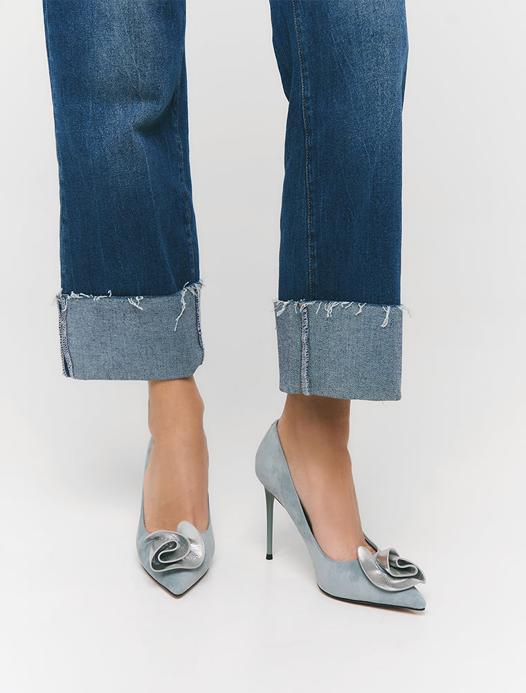 Silver Rose Suede Heels, Dusty Blue