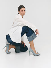 Silver Rose Suede Heels, Dusty Blue