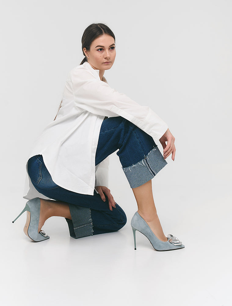 Silver Rose Suede Heels, Dusty Blue